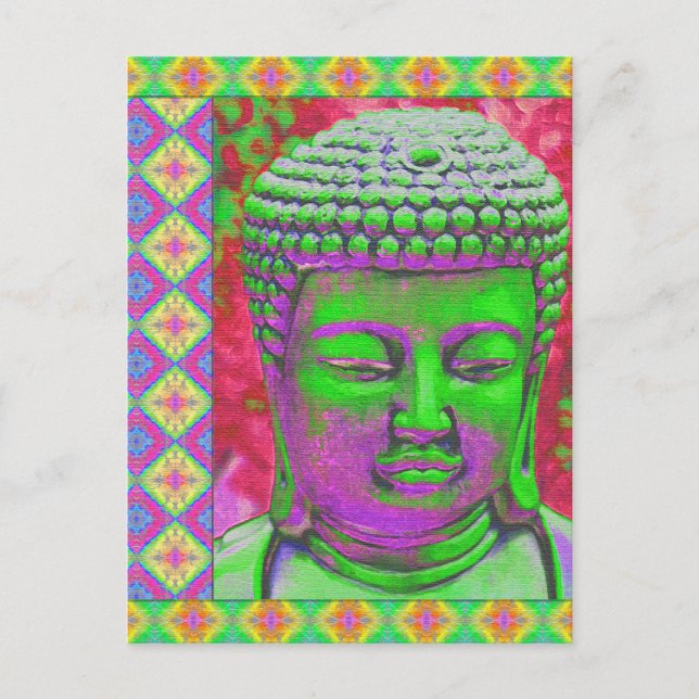 Buddha Pop med Patchwork Gräns i Grönt och Red Vykort (Framsida)