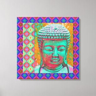 Buddha Pop med Patchwork Gräns in Blue and Rosa Canvastryck