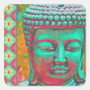 Buddha Pop med Patchwork Gräns in Blue and Rosa Fyrkantigt Klistermärke