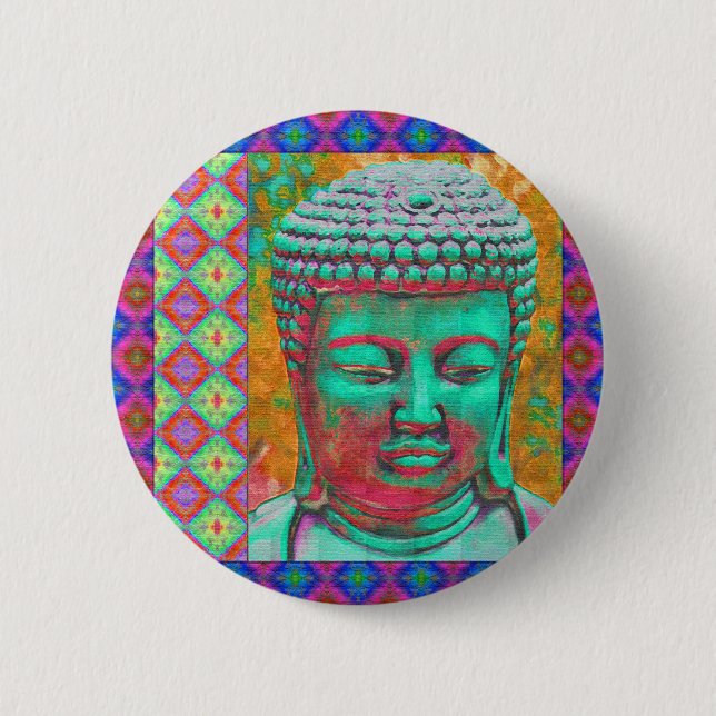 Buddha Pop med Patchwork Gräns in Blue and Rosa Knapp (Framsida)