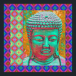 Buddha Pop med Patchwork Gräns in Blue and Rosa Poster<br><div class="desc">Kort färgad Buddha i popkonst färg med många mönstrad gräns.</div>