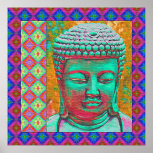 Buddha Pop med Patchwork Gräns in Blue and Rosa Poster