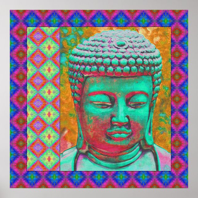 Buddha Pop med Patchwork Gräns in Blue and Rosa Poster (Framsidan)