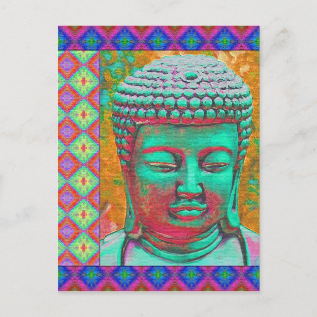Buddha Pop med Patchwork Gräns in Blue and Rosa Vykort (Framsida)