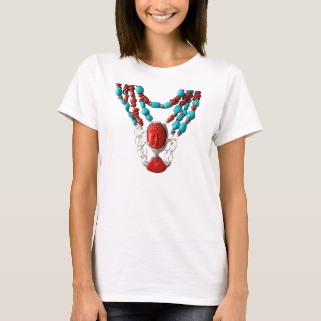 Buddha Red Coral Turcos Womens Necklace T-Shirt (Framsida)