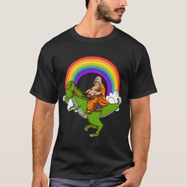 Buddha Ridning T-Rex Dinosaurie T Shirt (Framsida)