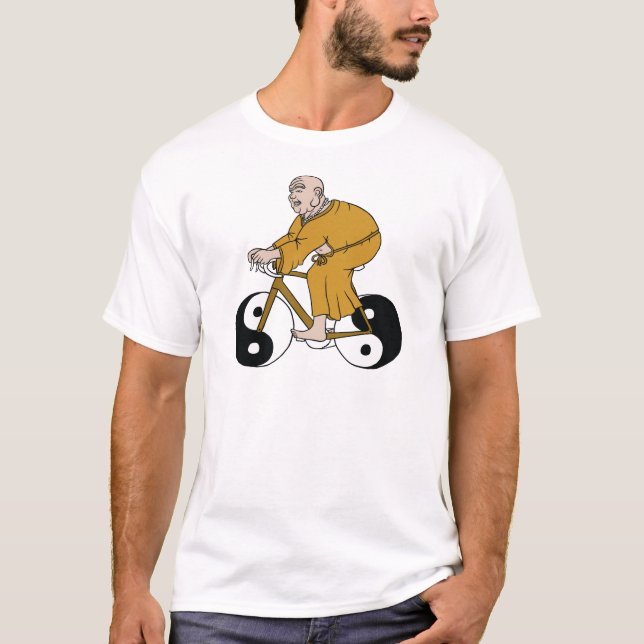 Buddha som rider en cykel med Yin Yang hjul T Shirt (Framsida)
