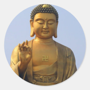 Buddha Statue i Blå himmel, Hand Razed Runt Klistermärke