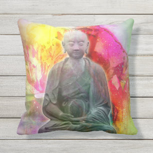 Buddha Statue on Watercolor Lotus Backdroppe Kudde