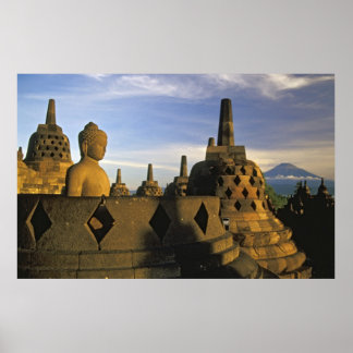 Buddha Statue, Stupas och Volcano, Borobudur Poster