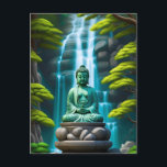 Buddha Waterfall Vykort<br><div class="desc">Transquil buddha statue sitta intill en floddvattenfall.</div>