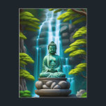 Buddha Waterfall Vykort<br><div class="desc">Transquil buddha statue sitta intill en floddvattenfall.</div>