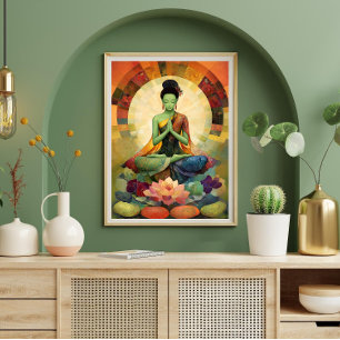 Buddhist Goddess Grönt Tara Blommigt Painting Zen Poster