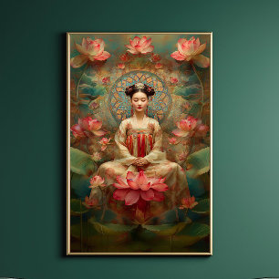 Buddhist Goddess Quan Yin Rosa Lotus Painting Art Poster