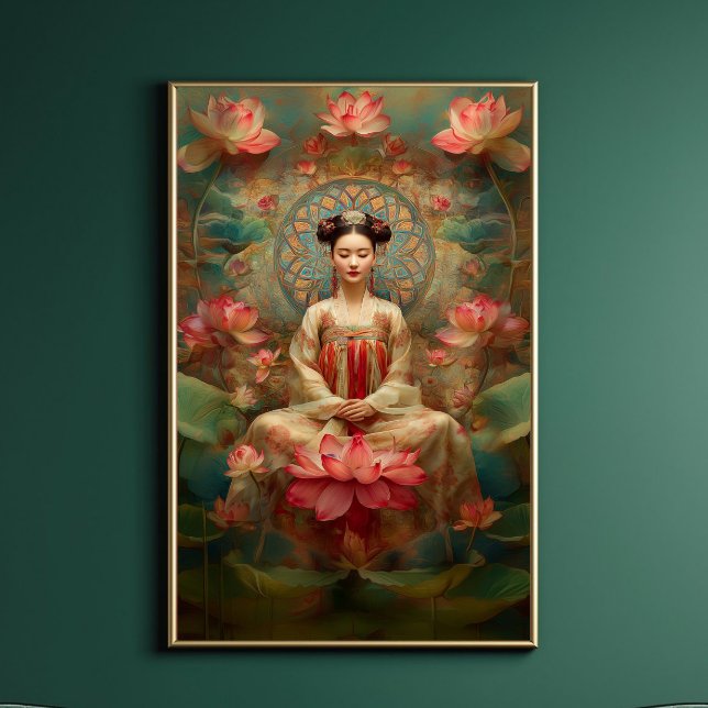 Buddhist Goddess Quan Yin Rosa Lotus Painting Art Poster (Skapare uppladdad)