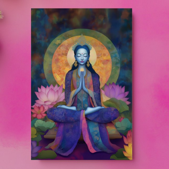 Buddhistisk gudinna Blue Tara blommönstrad regnbåg Vykort (Skapare uppladdad)