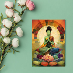 Buddhistisk gudinna Grön Tara Blomsterkonst Zen Vykort