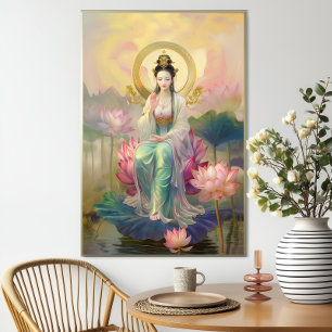 Buddhistisk Gudinna Quan Yin: Rosa Lotus Trädgård Poster