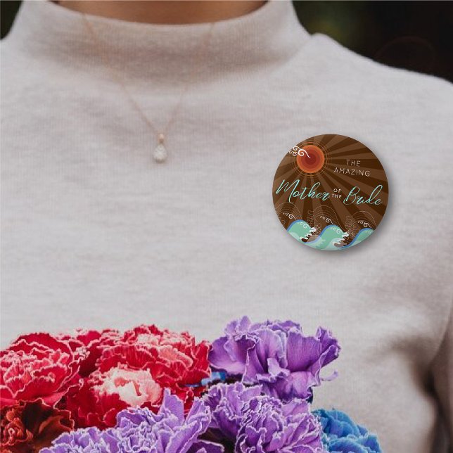 BUDENS MAMMA Coola Vågar Brown Sol Bröllop Knapp (MOTHER OF THE BRIDE Cool Aqua Waves Brown Sun Beach Wedding Rehearsal Party Pin Button @ fat_fa_tin)