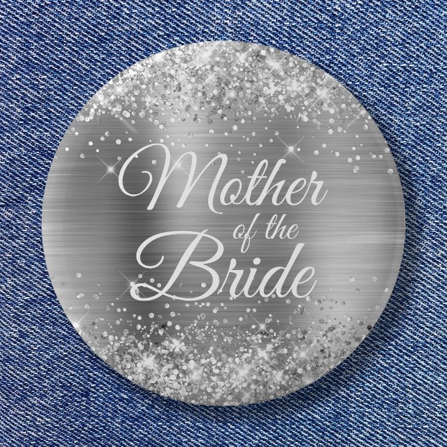 Budens mamma Glittery Silver Foil Knapp (Mother of the Bride Glittery Silver Foil Button)