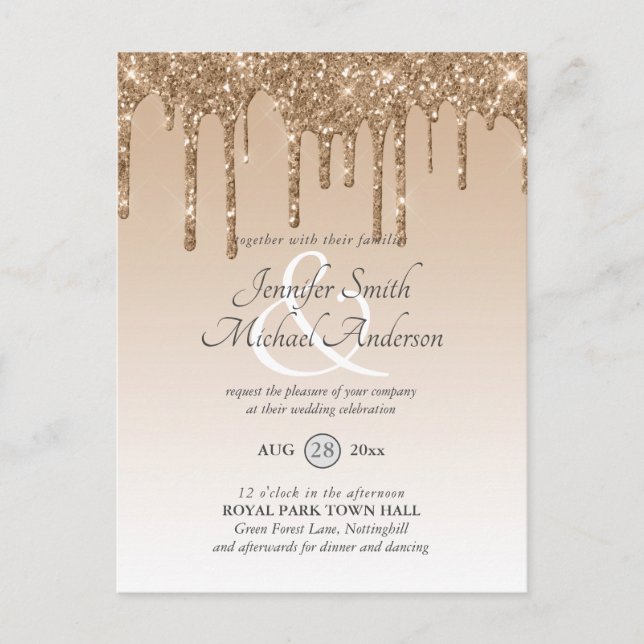 BUDG Rosa Guld Glitter WEDDING INVITE Vykort (Framsida)