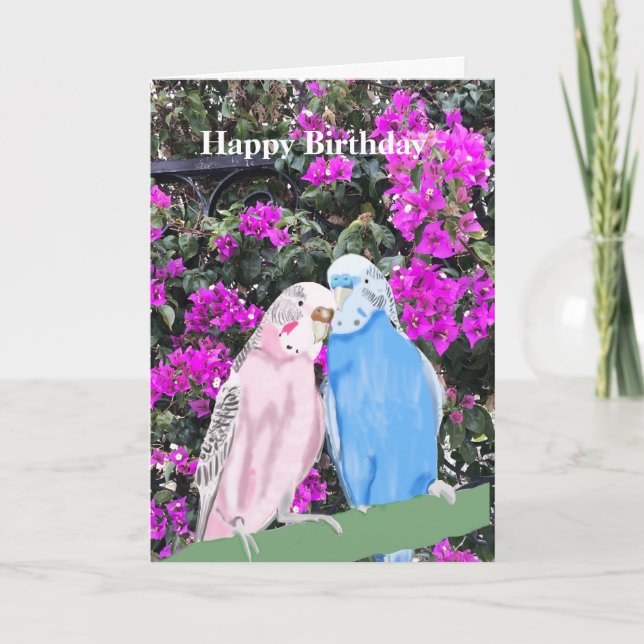 Budgerigar och Bourgainville Birthday-Helgdag Helgkort (Framsida)