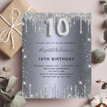 Budget 10-års födelsedags silver glitter inbjudan