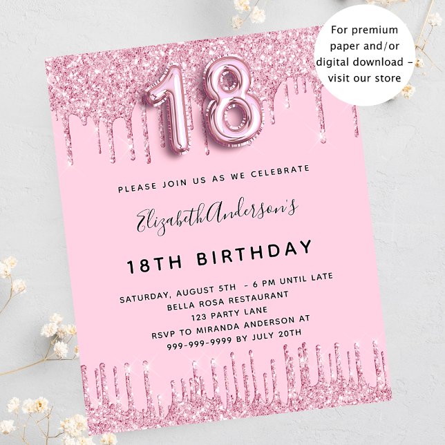 Budget 18-årsdag blush rosa glitter inbjudan (Skapare uppladdad)