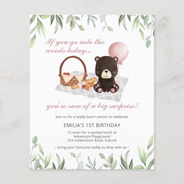 Budget 1:a födelsedag Nalle Picnic-Rosa (Framsida)