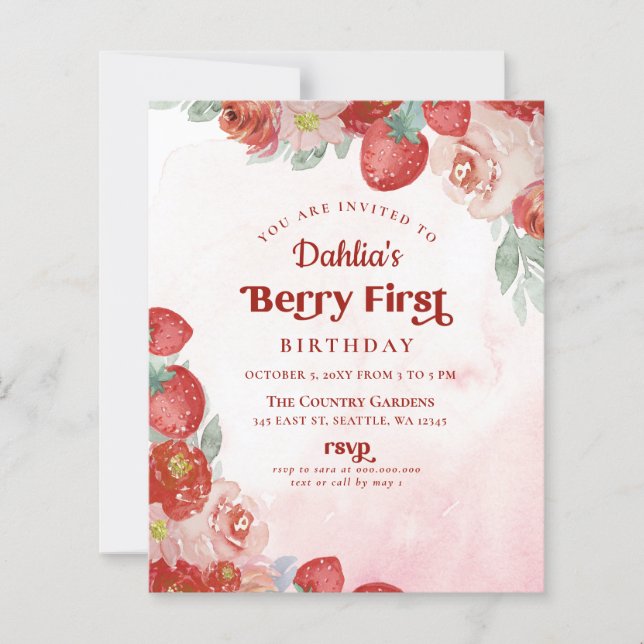 Budget 1-årsdag Berry Första födelsedagsinbjudan (Framsida)