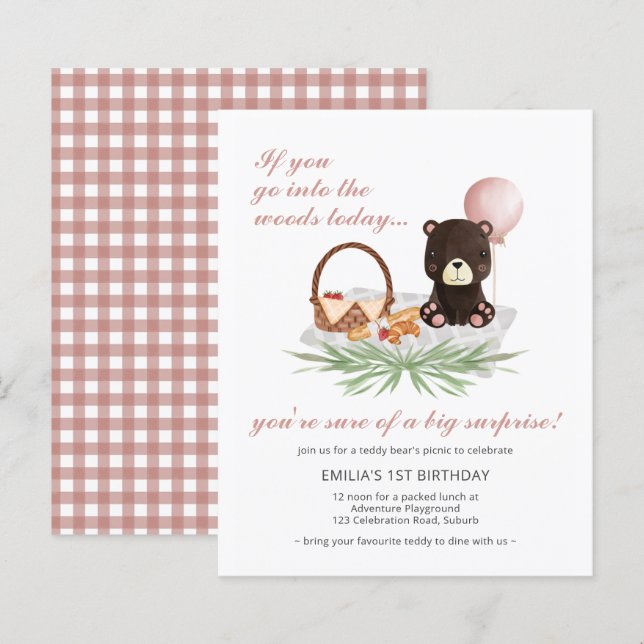 Budget 1 Birthday Nalle Picnic Rosa Inbjudan (Fram/baksida)