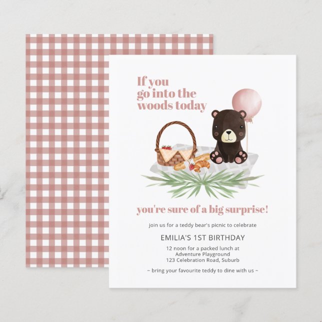 Budget 1 Birthday Nalle Picnic Rosa Inbjudan (Fram/baksida)