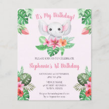Budget 1 Birthday Rosa Elephant Girl Inbjudan