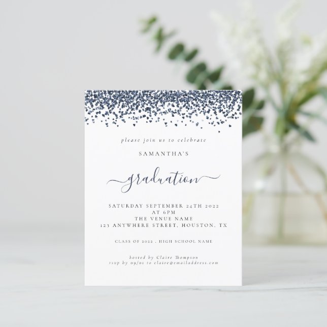 Budget 2024: Studenten marinblå Glitter Inbjudan (Stående Fram)