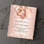 Budget 21:a födelsedag med gnistballonger i ro gul<br><div class="desc">För elegant 21:a födelsedag. En ro-guld tittar metallisk bakgrund. Dekorerad med ro guld,  rosa faux glitte,  gnistor och ballonger. Anpassa och lägg till information om namn och party. Namn är skrivet med ett handskript stil,  nummer 21 med ballong stil typsnitt.</div>