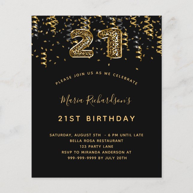 Budget 21:a födelsedag svart guld leopard party (Framsida)