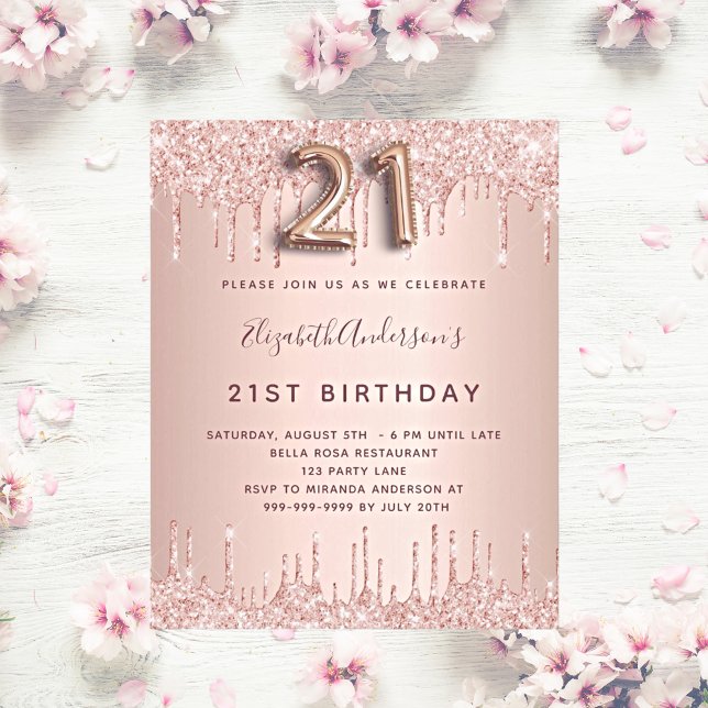 Budget 21-årsfirande rose gold glitter-inbjudan (Skapare uppladdad)