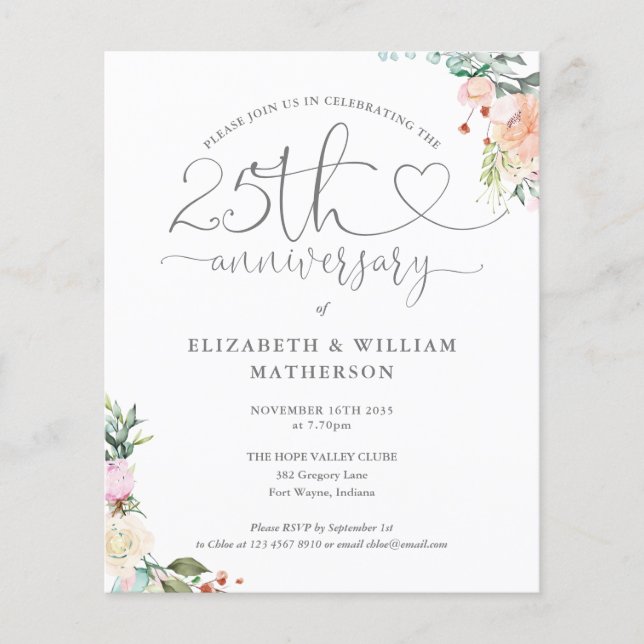 Budget 25-årsjubileum Hjärtformad Blommig Inbjudan (Framsida)