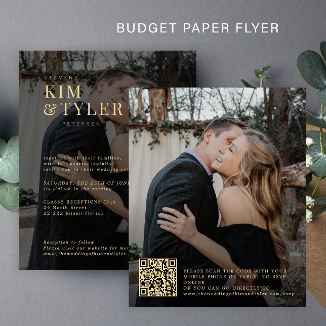 Budget 2 foton QR guld svarta bröllopsinbjudan Flygblad (Skapare uppladdad)