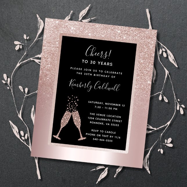 Budget 30års födelsedag Champagne Toast Party Inbj (30th Birthday Party Invitation Blush Rose Gold Glitter Champagne Toast)