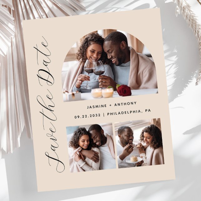 Budget 3-Foto Arch Beige Save the Date (Skapare uppladdad)