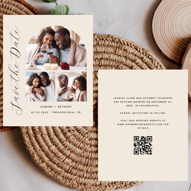 Budget 3-Foto Beige QR-kod Save the Date (Skapare uppladdad)