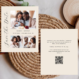 Budget 3-Foto Beige QR-kod Save the Date