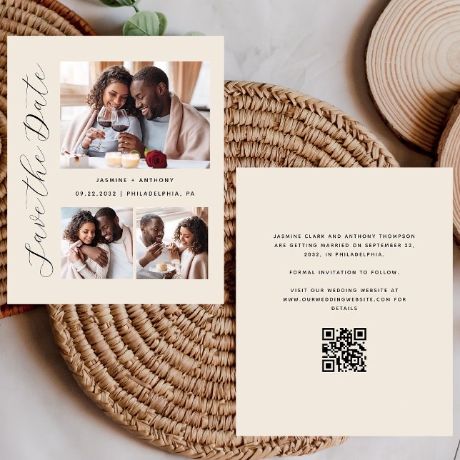 Budget 3-Foto Beige QR-kod Save the Date (Skapare uppladdad)