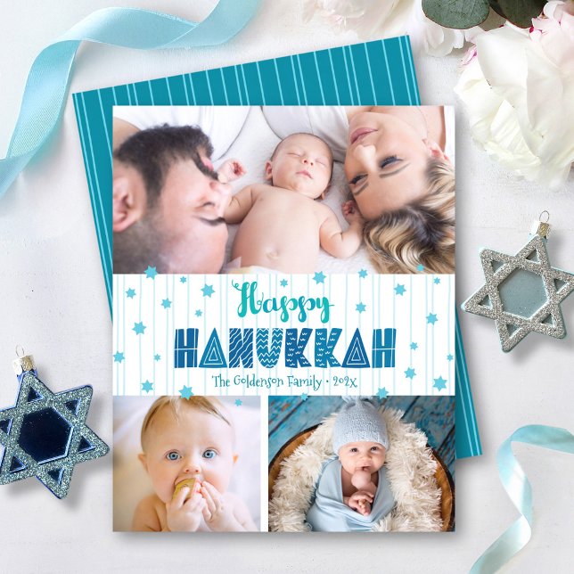 Budget 3 Foto Glad Hanukkah Turkos Stjärnor Kort (Skapare uppladdad)