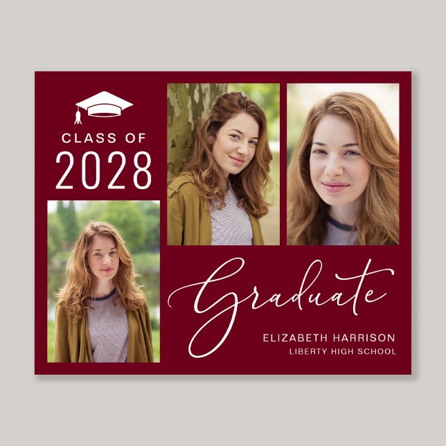 Budget 3 Photo Burgundy Studenten-meddelande (An elegant photo collage graduation announcement to celebrate the graduate's achievements)