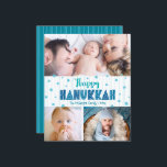 Budget 3 Photo Lycklig Hanukkah Turkvoise Stars Ca<br><div class="desc">"Lycklig Hanukkah." Roligt, lekfull, vismisk, handgjord typografi och en slumpmässig stjärna av David mönster i ljusblått turkosa, allt överliggande ljusblått akvblått hand plockade linjer på vit bakgrund, tillsammans med tre foton av ditt eget val, hjälper dig att gå in i Hanukkah. Hand plockade-turkos linjer täcker över en tårblått bakgrund på...</div>