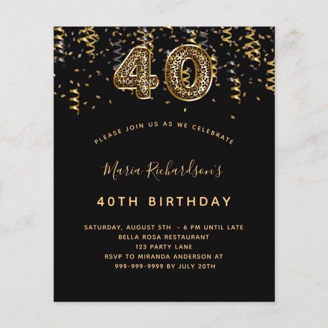 Budget 40-årsdag svart guld leopard party (Framsida)
