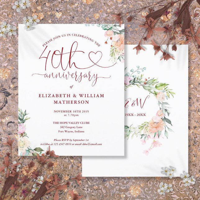 Budget 40-årsjubileum Hjärtblommig Inbjudan (Budget 40th Anniversary Heart Floral Invitation)