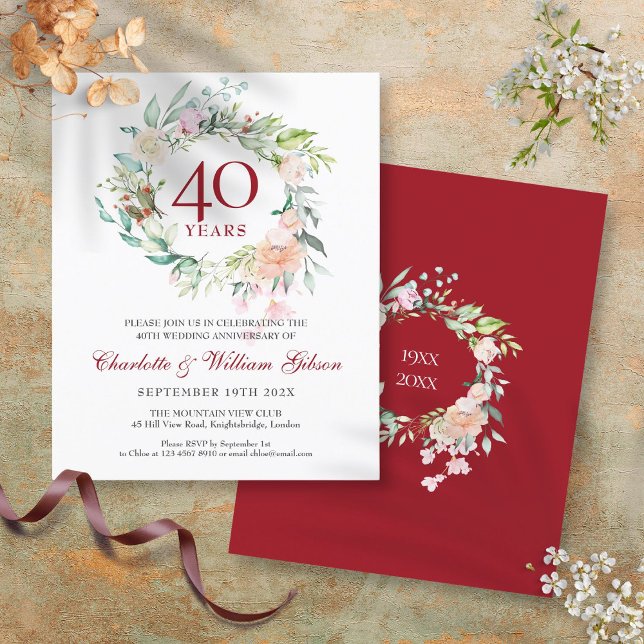 Budget 40-årsjubileum Ruby Blommig Inbjudan (Budget 40th Anniversary Ruby Floral Invitation)